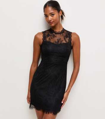 Black Lace High Neck Sleeveless Mini Dress