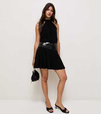Black Halter Neck Sequin Waist Mini Dress
