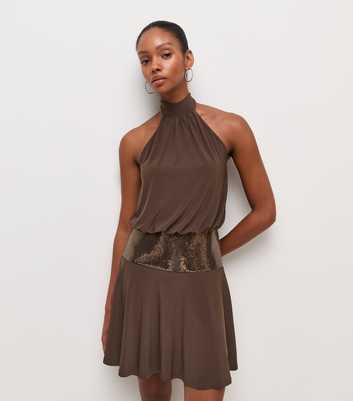 Dark Brown Halter Neck Sequin Waist Mini Dress