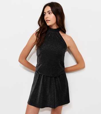 Black Glitter Jersey Halterneck Mini Dress