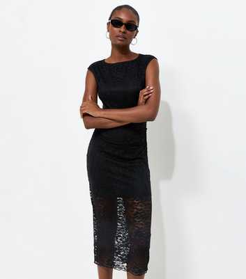 Black Lace Ruched Side Sleeveless Midi Dress