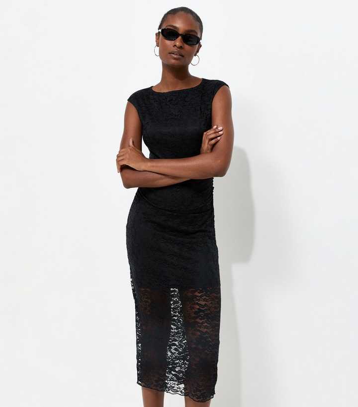 Black Lace Ruched Side Sleeveless Midi Sleeve