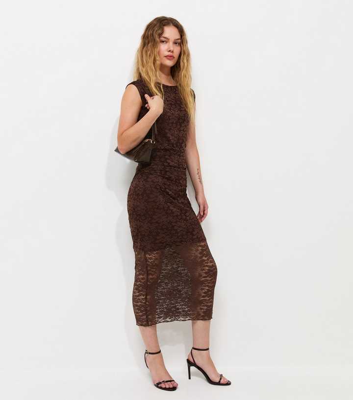 Dark Brown Lace Ruched Side Sleeveless Midi Sleeve