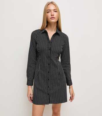 Black Pinstripe Fitted Long Sleeve Shirt Mini Dress