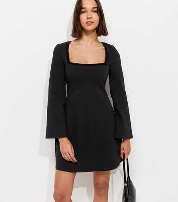Black Cotton Rich Square Neck Velvet Trim Ponte Mini Dress