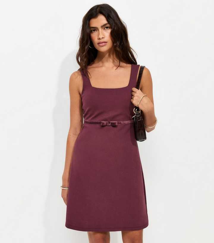 Dark Burgundy Cotton Rich Velvet Underbust Bow Ponte Jersey Mini Dress