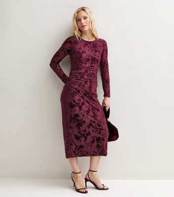 Petite Dark Burgundy Floral Flocked Long Sleeve Midi Dress