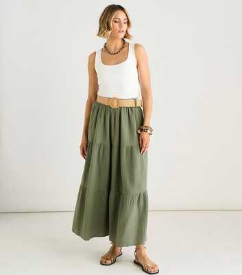 Gini London Khaki Crinkled Belted Midi Skirt