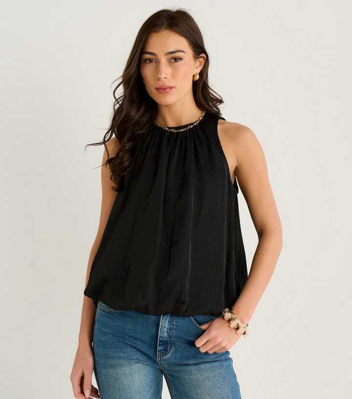 Gini London Black Puffball Hem High Neck Top