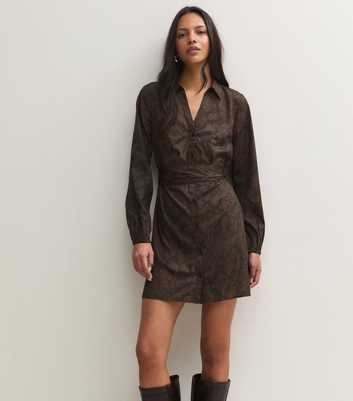Brown Snake Print Tie Waist Long Sleeve Mini Shirt Dress