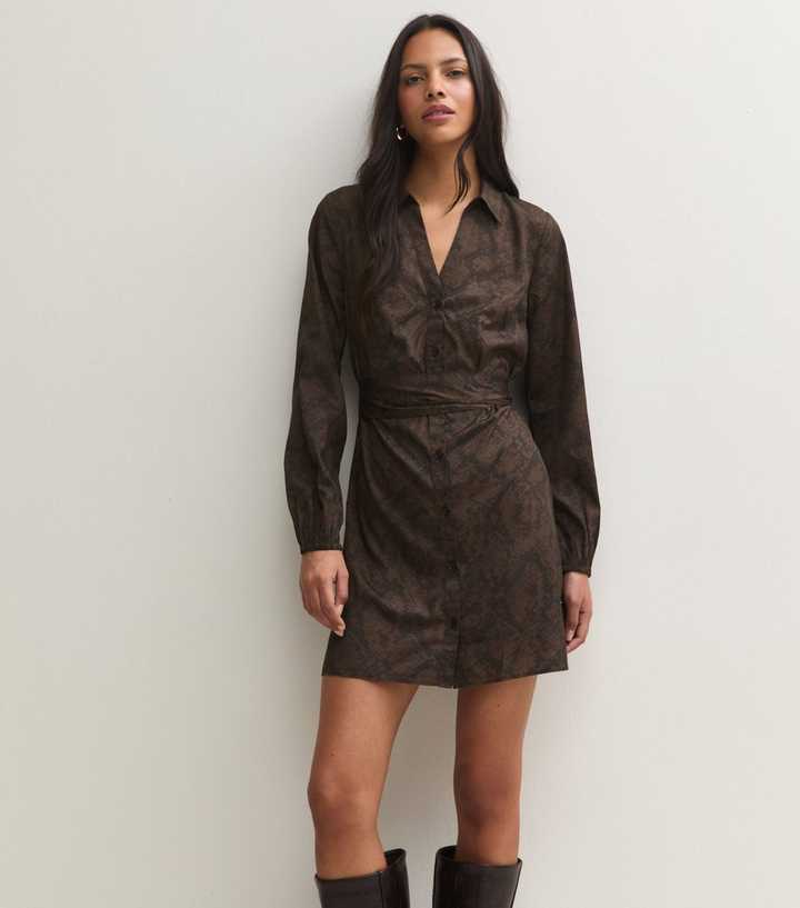 Brown Snake Print Tie Waist Long Sleeve Mini Shirt Dress