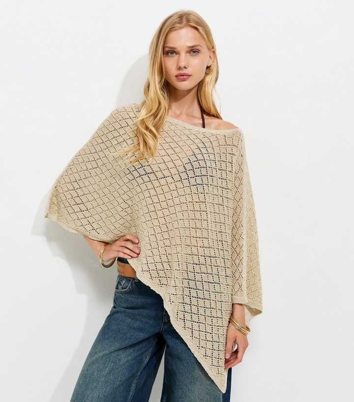 Gold Cotton Blend Diamond Knit Poncho