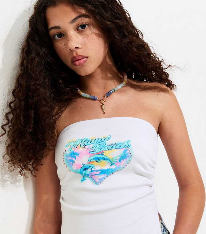 Girls White Cotton Rich Bandeau Miami Beach Side Slit Top
