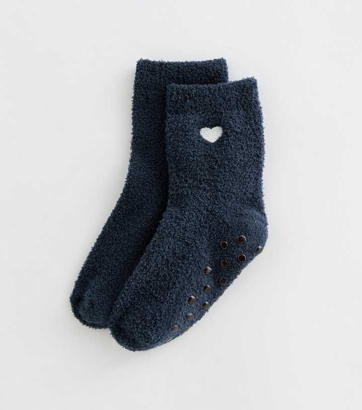 Girls Navy Cosy Knit Embroidered Heart Cropped Ankle Socks