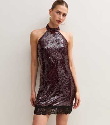 Dark Burgundy Sequin Lace Hem Halterneck Mini Dress