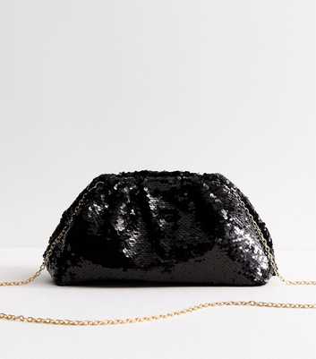 Black Sequin Embellished Gathered Clutch Bag
