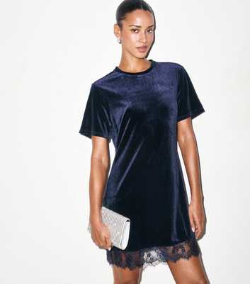 Navy Velvet Lace Trim T-Shirt Dress