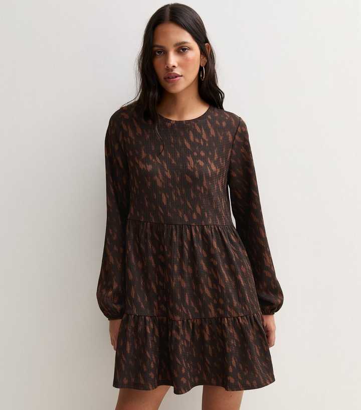Brown Printed Long Sleeve Tiered Mini Dress