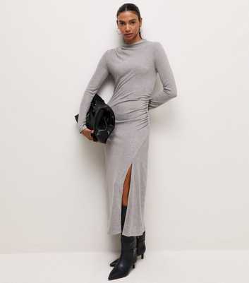 Dark Grey Jersey Long Sleeve Ruched Midi Dress