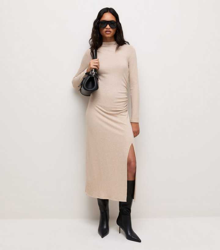 Light Mink Jersey Long Sleeve Ruched Midi Dress