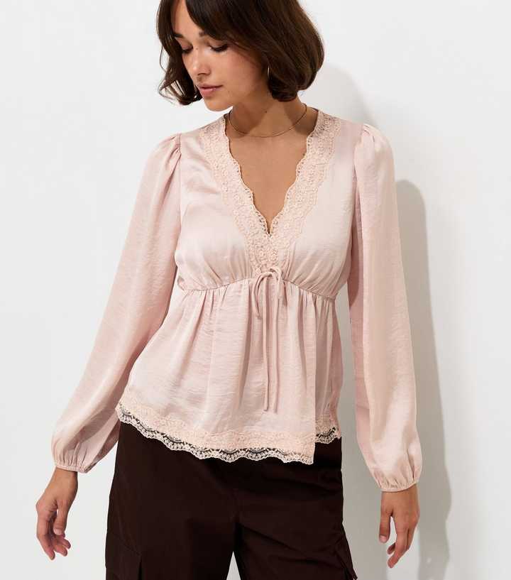 Pale Pink  Satin Lace Trim Long Sleeve Blouse