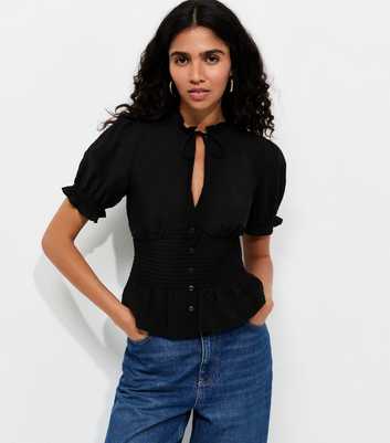 Black Ruched Puff Sleeve Shirt