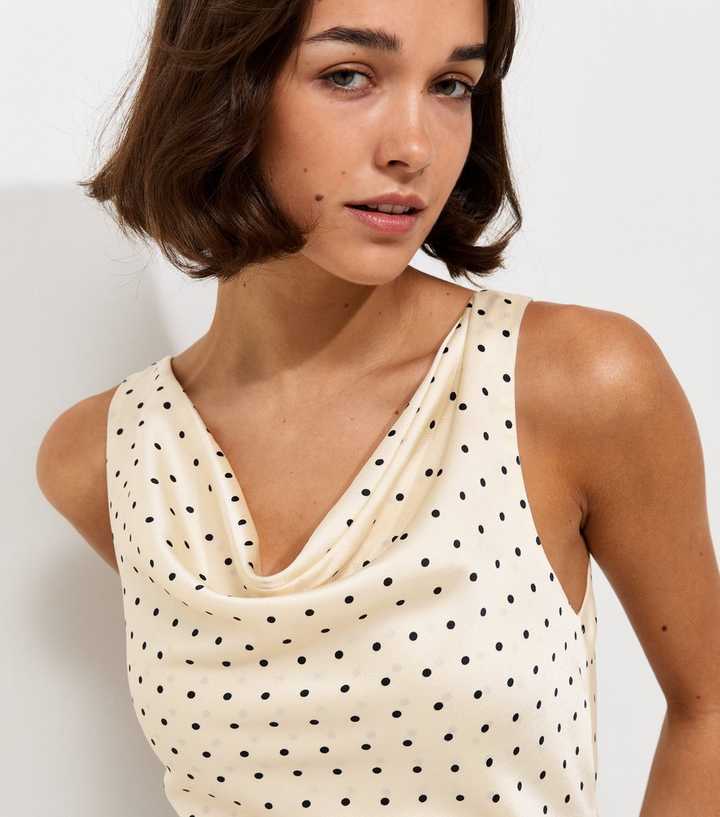 White Satin Polka Dot Cowl Neck Top