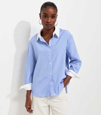 Blue Striped Contrast Collar Long Sleeve Shirt