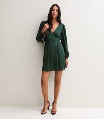 Dark Green Satin Animal Print Jacquard V Neck Long Sleeve Mini Dress