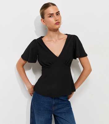 Black Crinkled Flutter Sleeve V-Neck Tea Top