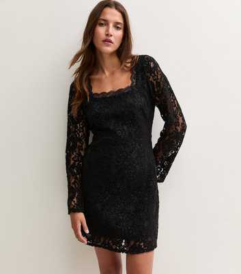Black Lace Square Neck Long Sleeve Mini Dress