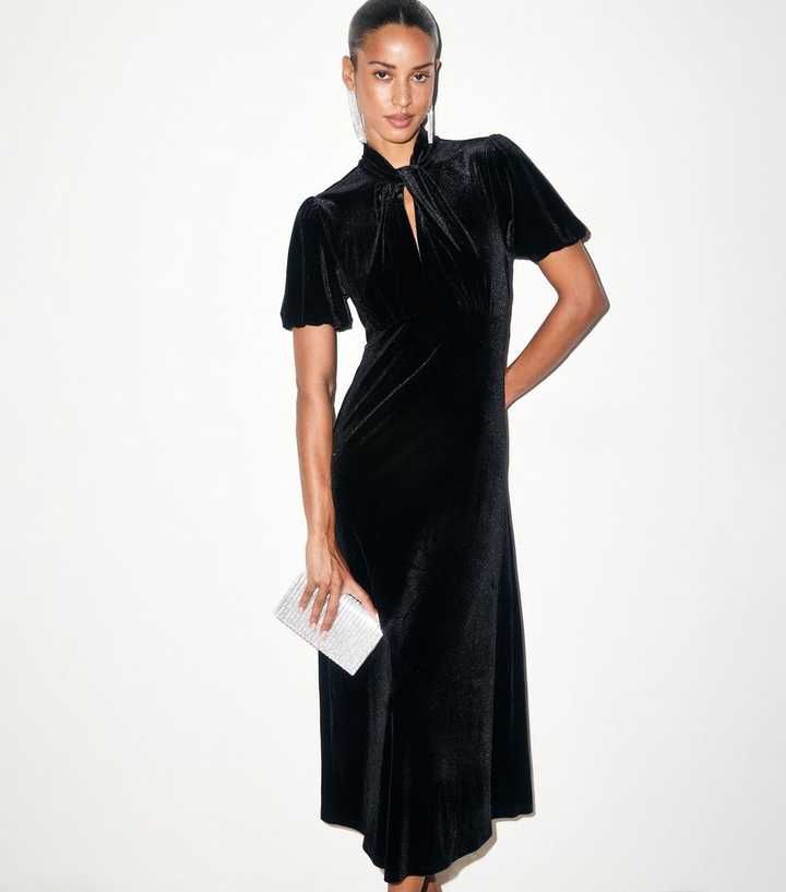 Black Velvet Twist Neck Puff Sleeve Midi Dress