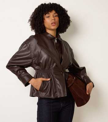 Blue Vanilla Dark Brown Elasticated Waist Faux Leather Jacket