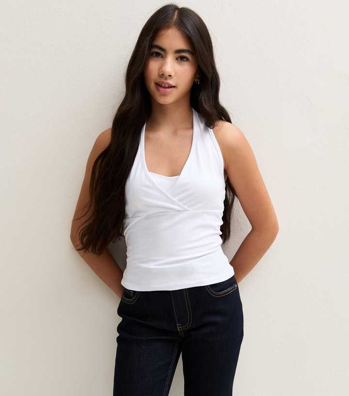 Girls White Wrap Front Halter Neck Top