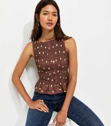 Brown Cotton Spot Print Shirred Faux Button Front Top