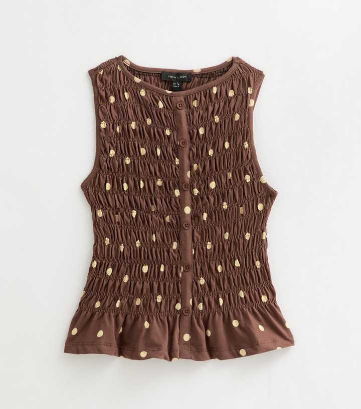 Brown Cotton Spot Print Shirred Faux Button Front Top