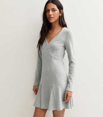 Light Grey Ribbed Knit Skater Mini Dress