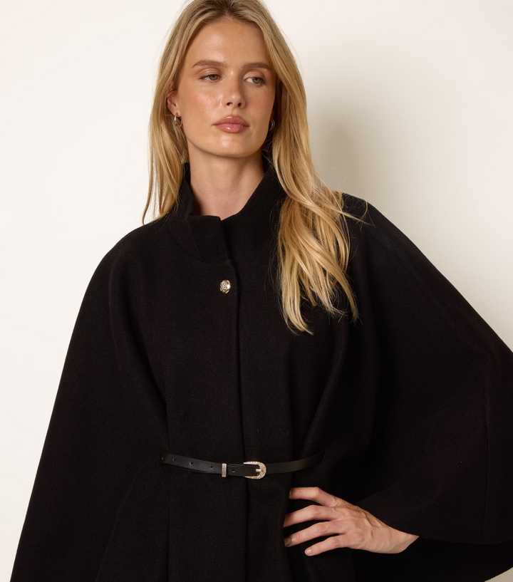 Blue Vanilla Black Belted Funnel Neck Short Cape Jacket