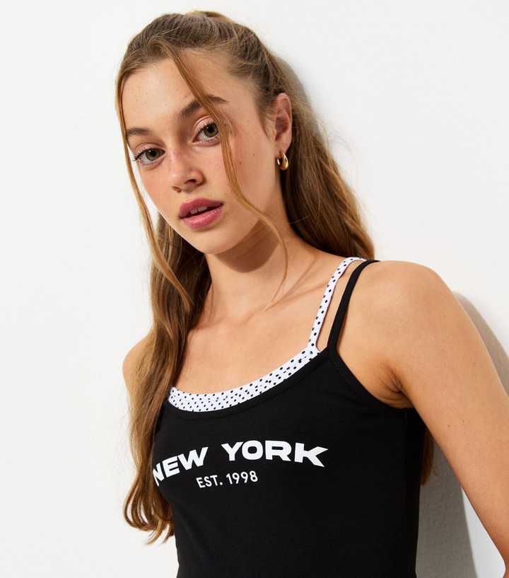 Girls Black Cotton Rich New York Spotty Trim 2 In 1 Cami Vest Top