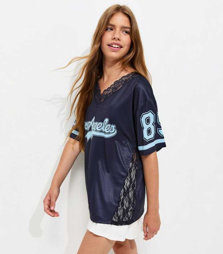 Girls Navy Lace Neck Los Angeles Longline Football Top