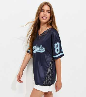Girls Navy Lace Neck Los Angeles Longline Football Top