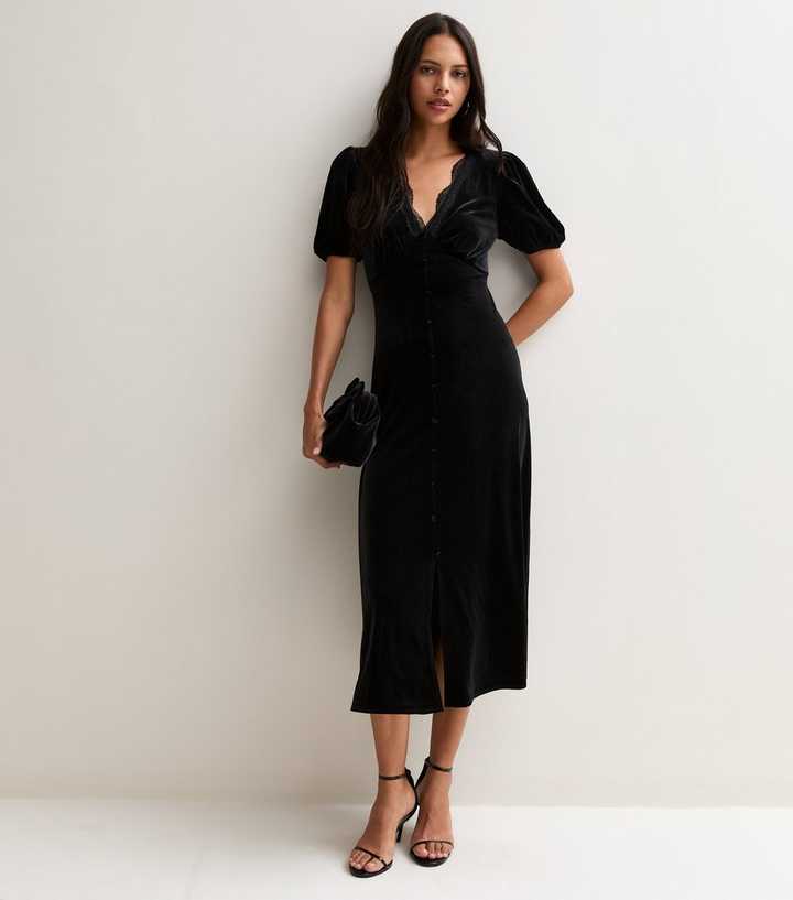 Black Velvet Lace Trim Empire Line Midi Dress