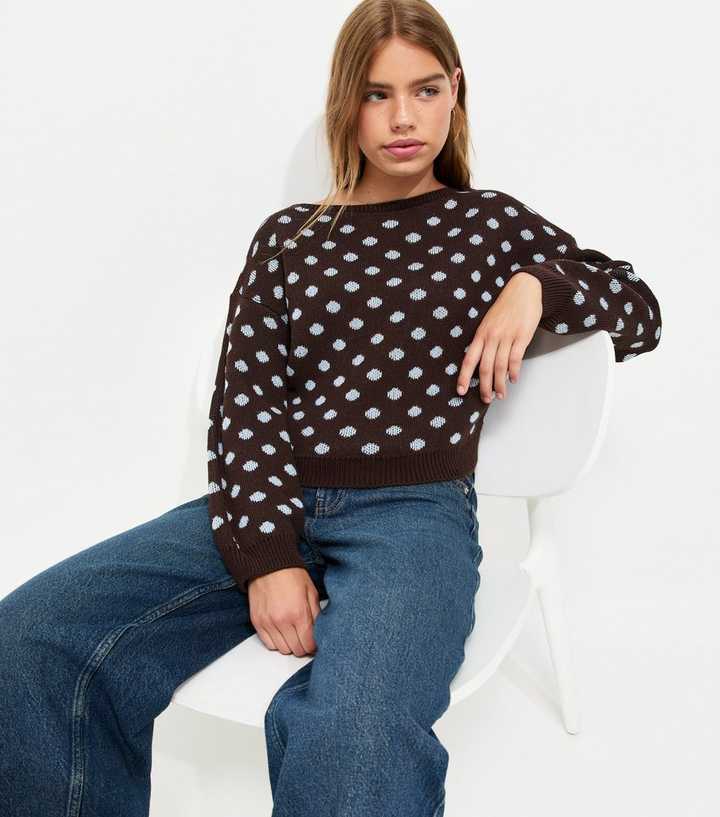 Girls Brown Polka Dot Slash Neck Jumper