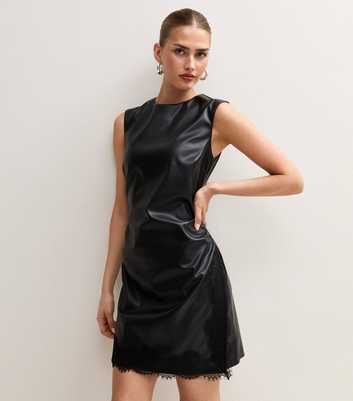 Black Faux Leather Sleeveless Lace Trim Mini Dress