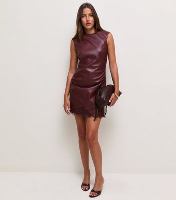 maroon leather mini dress Dark Burgundy Faux Sleeveless Lace Trim burgundy leather mini skirt