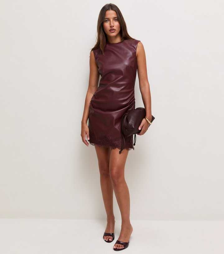 new look burgundy dress Dark Faux Leather Sleeveless Lace Trim Mini May-26-On-Offer-Women Alice + Olivia Navy Length:45 inches Fit Model is 5’7