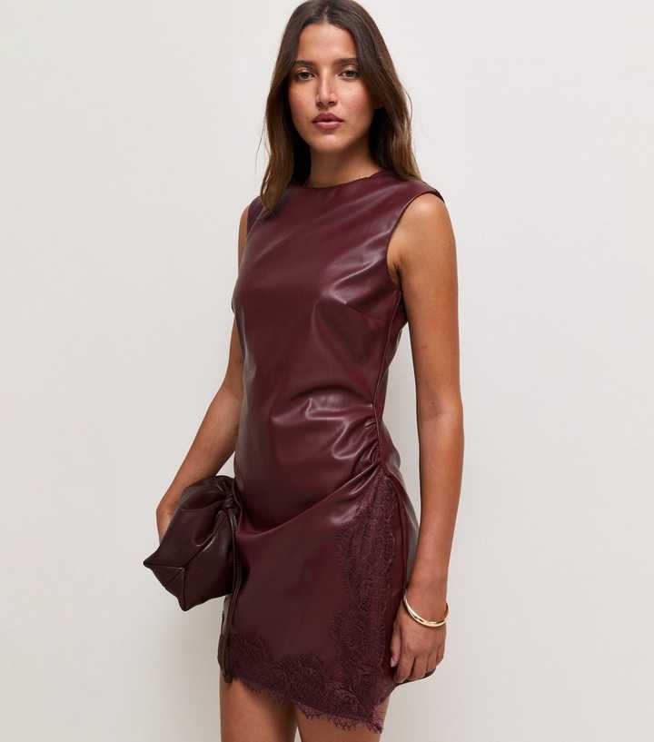 burgundy leather dress mini Dark Faux Sleeveless Lace Trim Decor