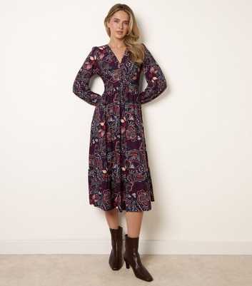 Blue Vanilla Navy Button Front V Neck Midi Dress