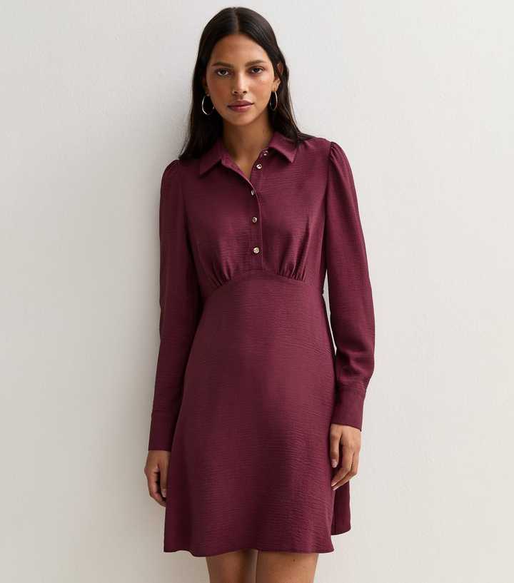 Dark Burgundy Flared Shirt Mini Dress