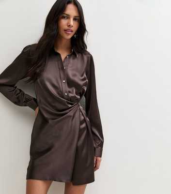 Dark Brown Satin Ruched Wrap Shirt Dress